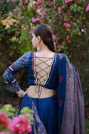 Blue Designer Navratri Chaniya Choli with Ajarakh & Mirror Work – Palkhi Fashion