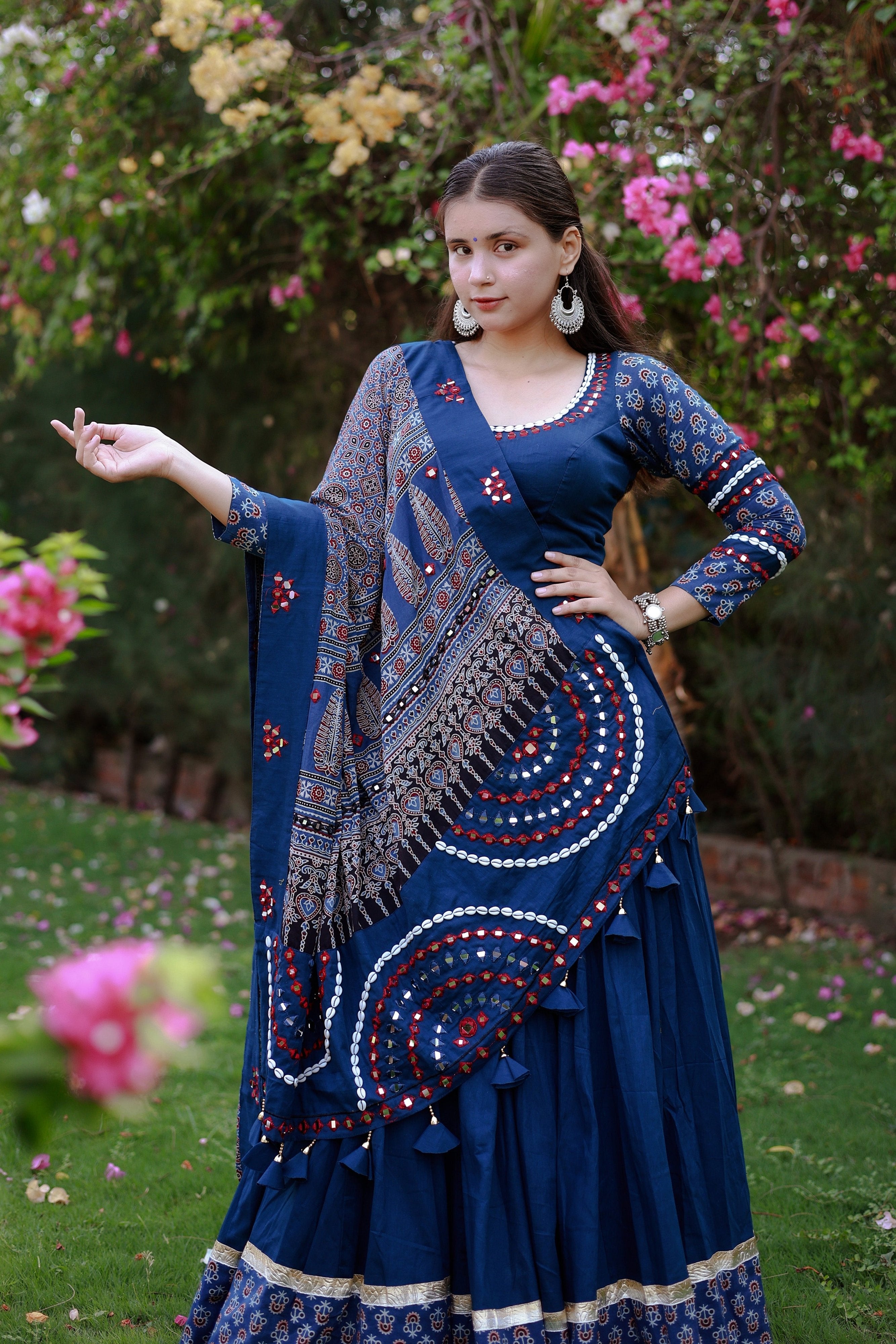 Blue Designer Navratri Chaniya Choli with Ajarakh & Mirror Work – Palkhi Fashion