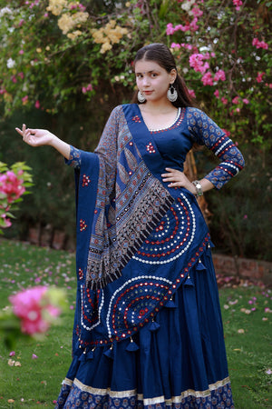 Blue Designer Navratri Chaniya Choli with Ajarakh & Mirror Work – Palkhi Fashion