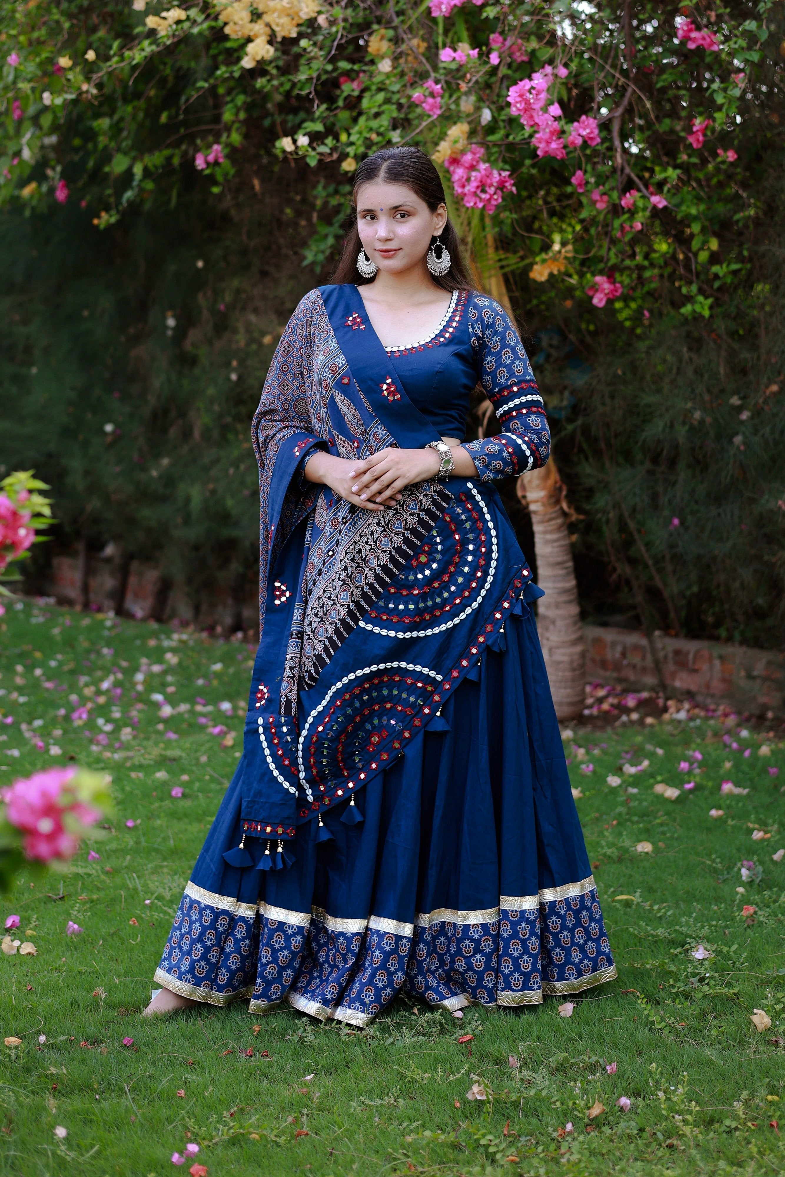 Blue Designer Navratri Chaniya Choli with Ajarakh & Mirror Work – Palkhi Fashion