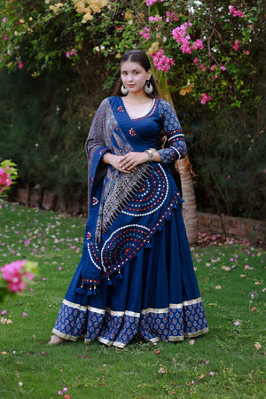 Blue Designer Navratri Chaniya Choli with Ajarakh & Mirror Work – Palkhi Fashion