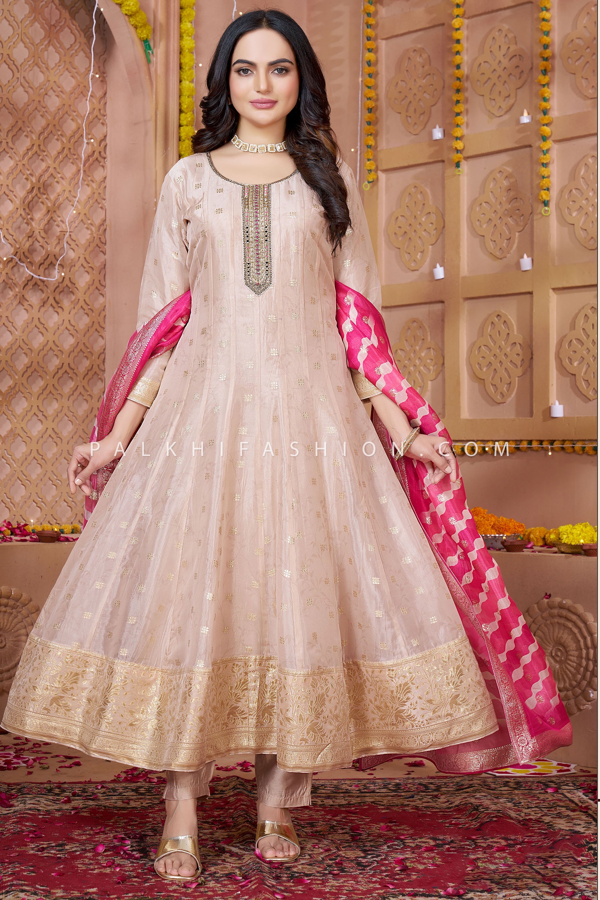 Blush Glow Majesty: Soft Chanderi Anarkali Suit with Contrasting Silk Dupatta ā Palkhi Fashion USA