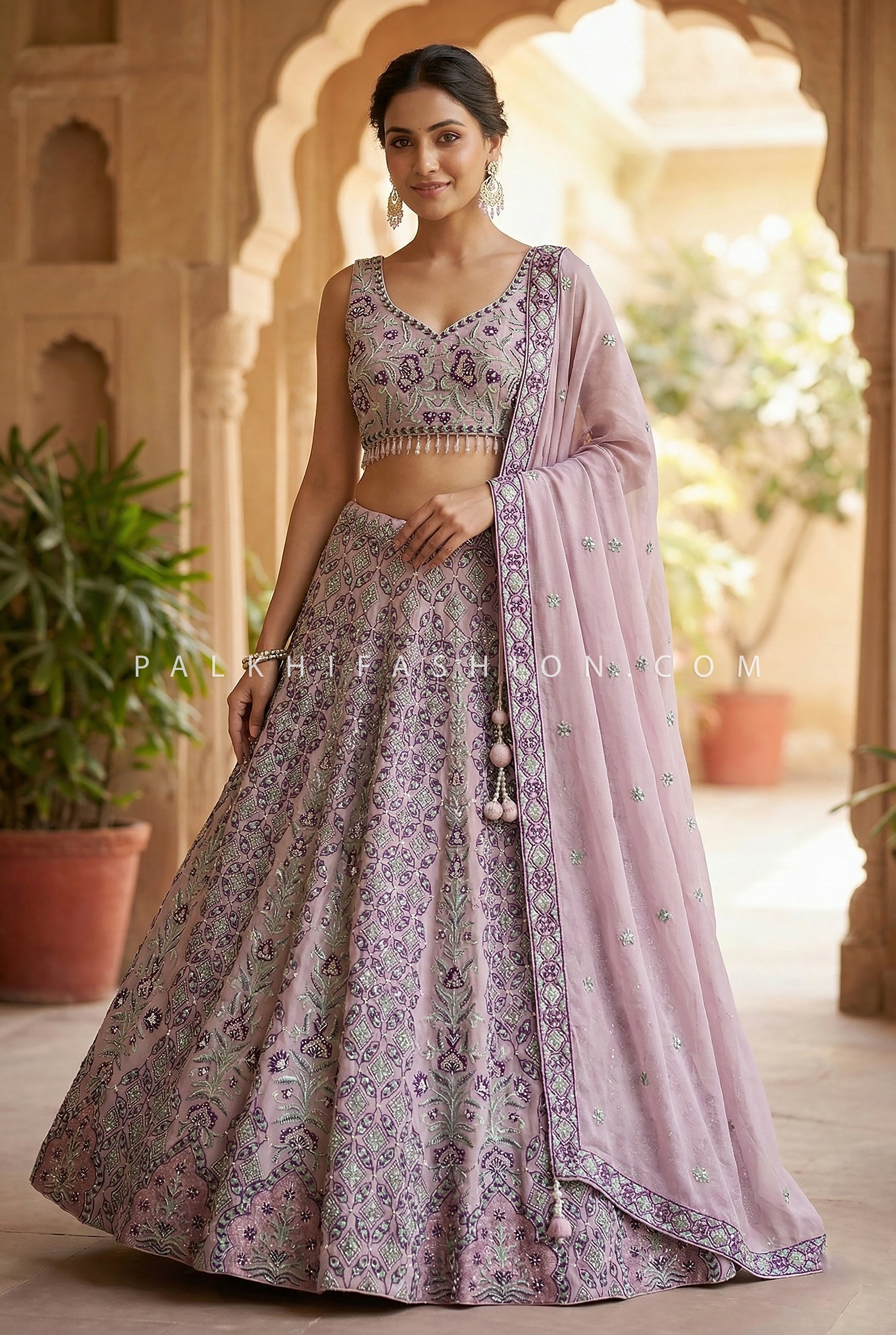 Blush Lilac Bloom: Designer Georgette Lehenga Choli Handwork ā Palkhi Fashion