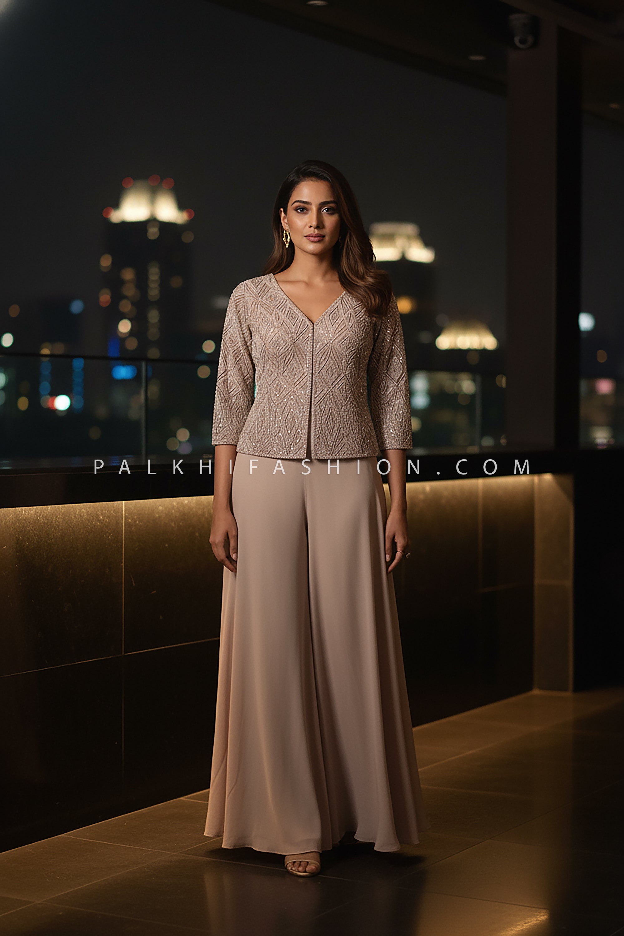 Blush Mirage: Hand - Embroidered Jacket Palazzo Set – Palkhi Fashion