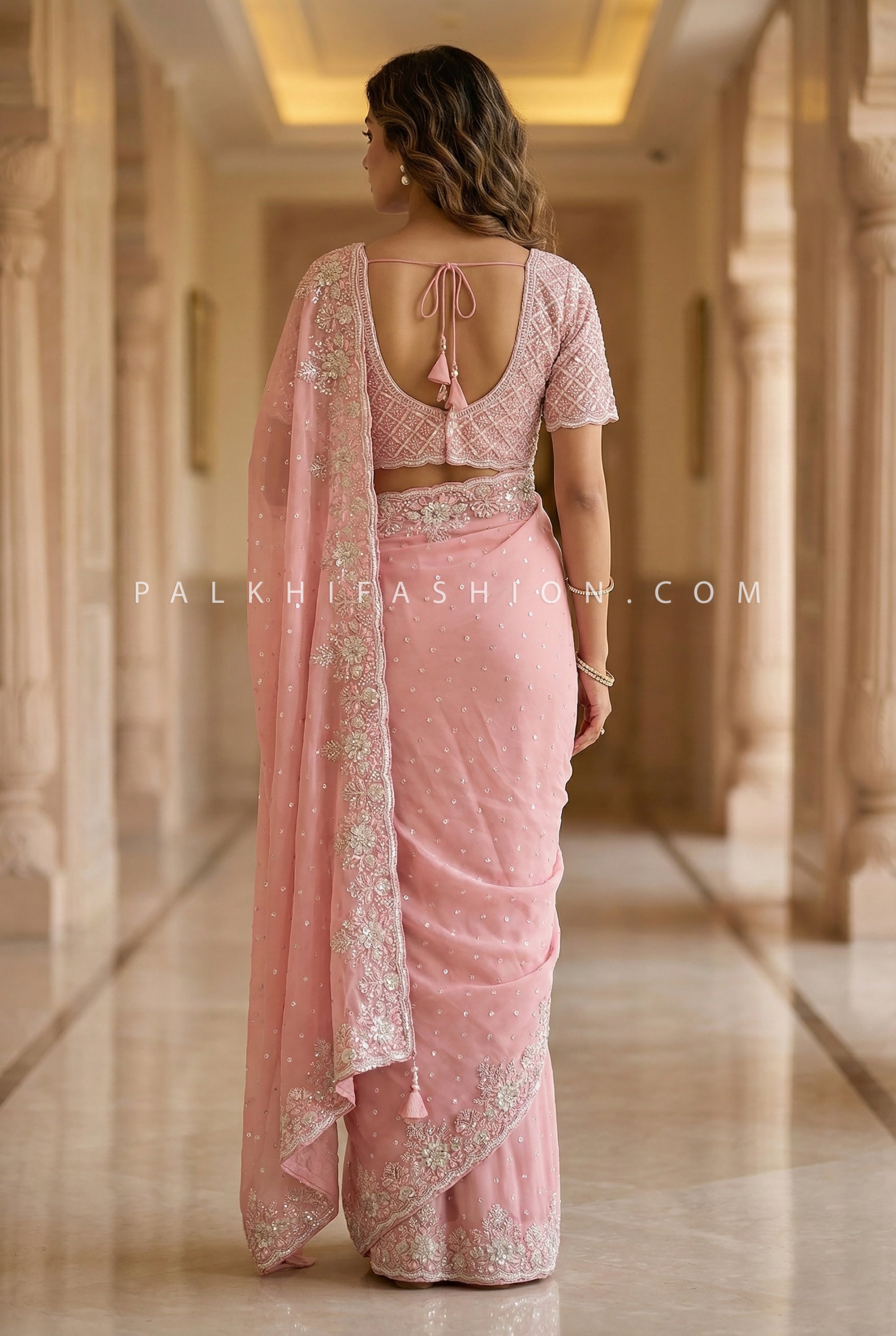 Blush Pearl Elegance: Embroidered Georgette Saree with Readymade Blouse – Palkhi Fashion