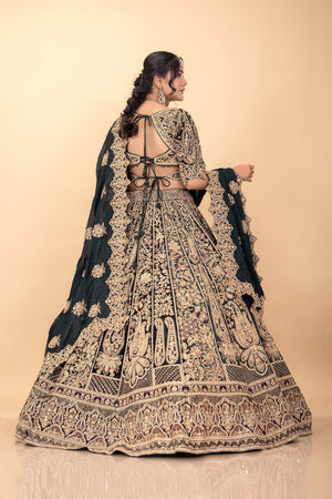 Bold Elegance: Dark Green Velvet Designer Lehenga Choli with Elegant Embroidery