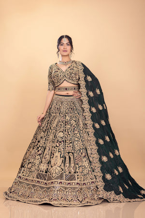 Bold Elegance: Dark Green Velvet Designer Lehenga Choli with Elegant Embroidery