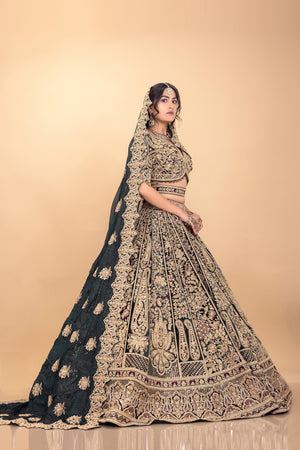 Bold Elegance: Dark Green Velvet Designer Lehenga Choli with Elegant Embroidery