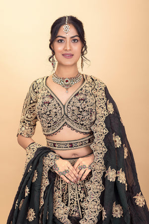 Bold Elegance: Dark Green Velvet Designer Lehenga Choli with Elegant Embroidery