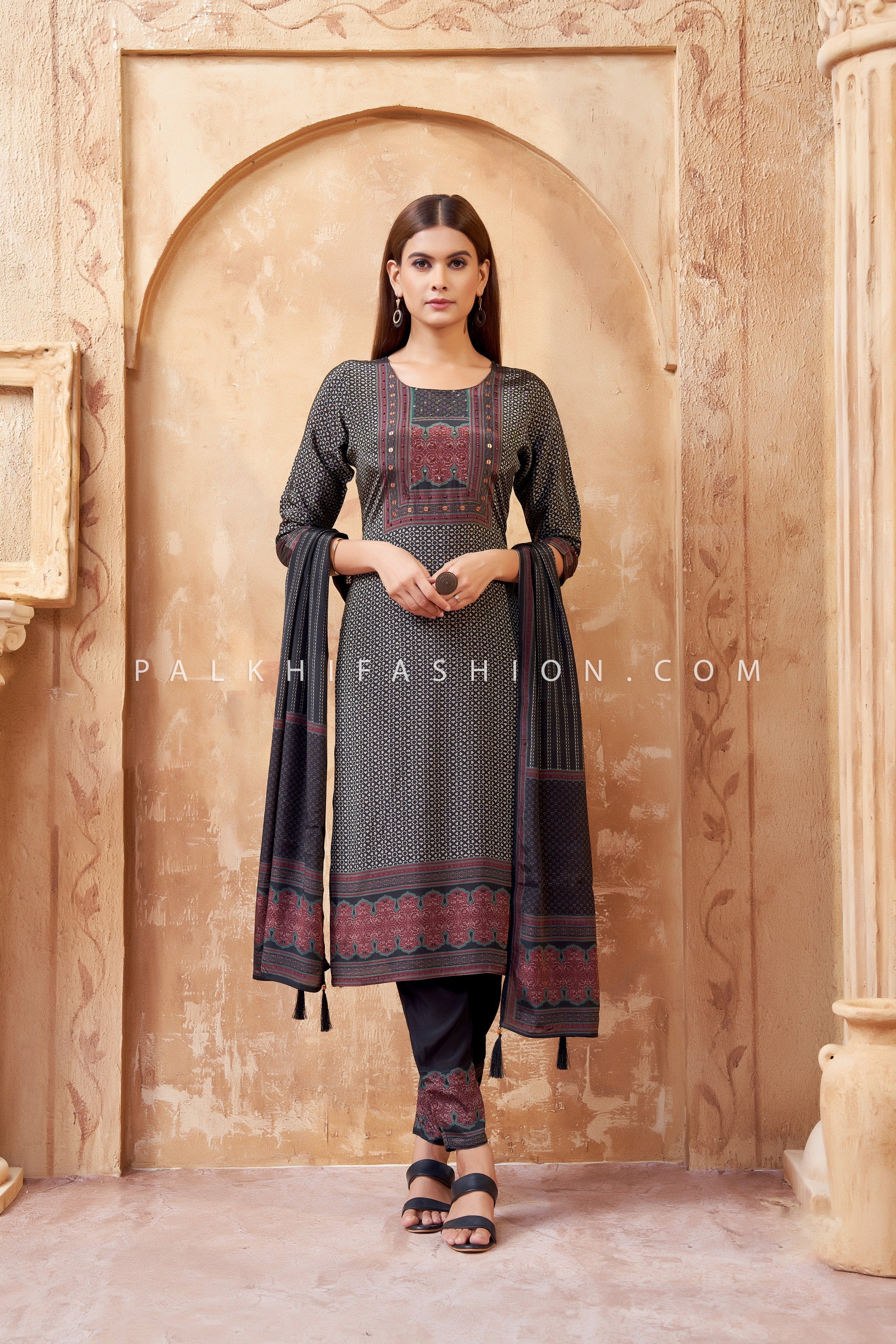 Bold Grace: Black Muslin Silk Straight Suit with Prints & Beadwork – Palkhi Fashion