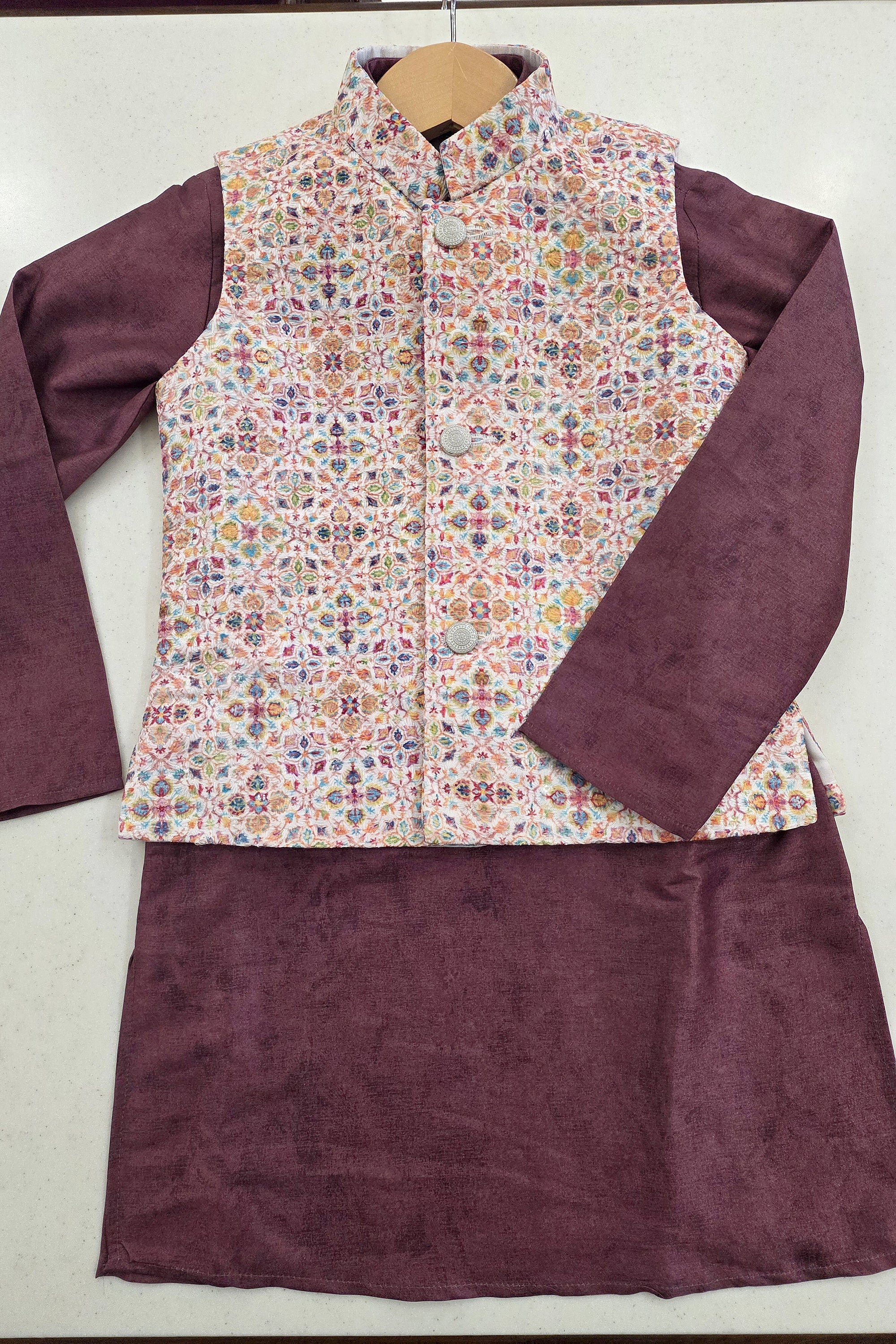 Boys Light Wine Jacket Kurta Set with Multi - Color Embroidery – Palkhi Fashion