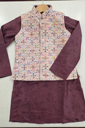 Boys Light Wine Jacket Kurta Set with Multi - Color Embroidery – Palkhi Fashion