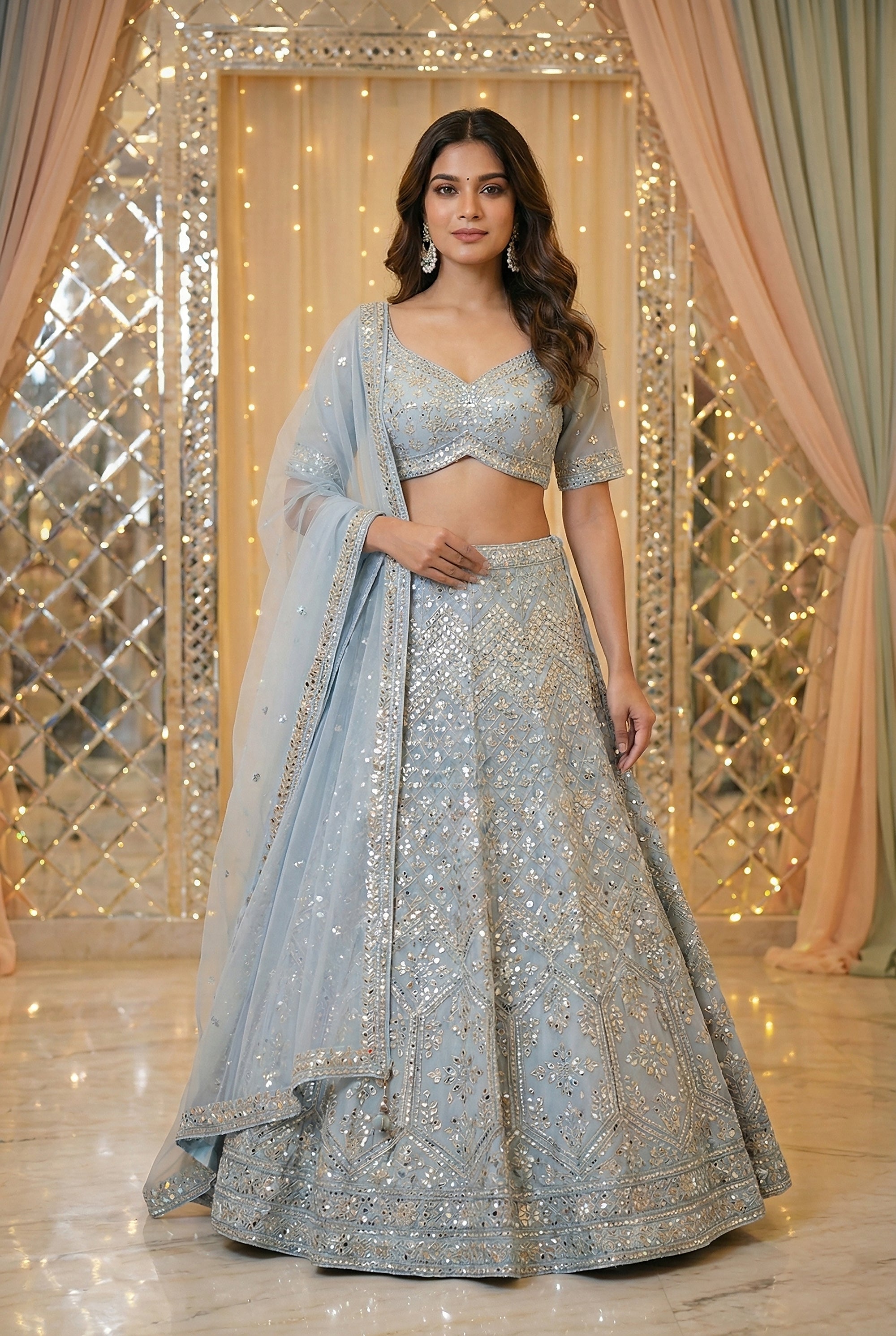 Celestial Powder Blue - Heavy Mirror Work Soft Silk Lehenga Choli - Palkhi Fashion USA