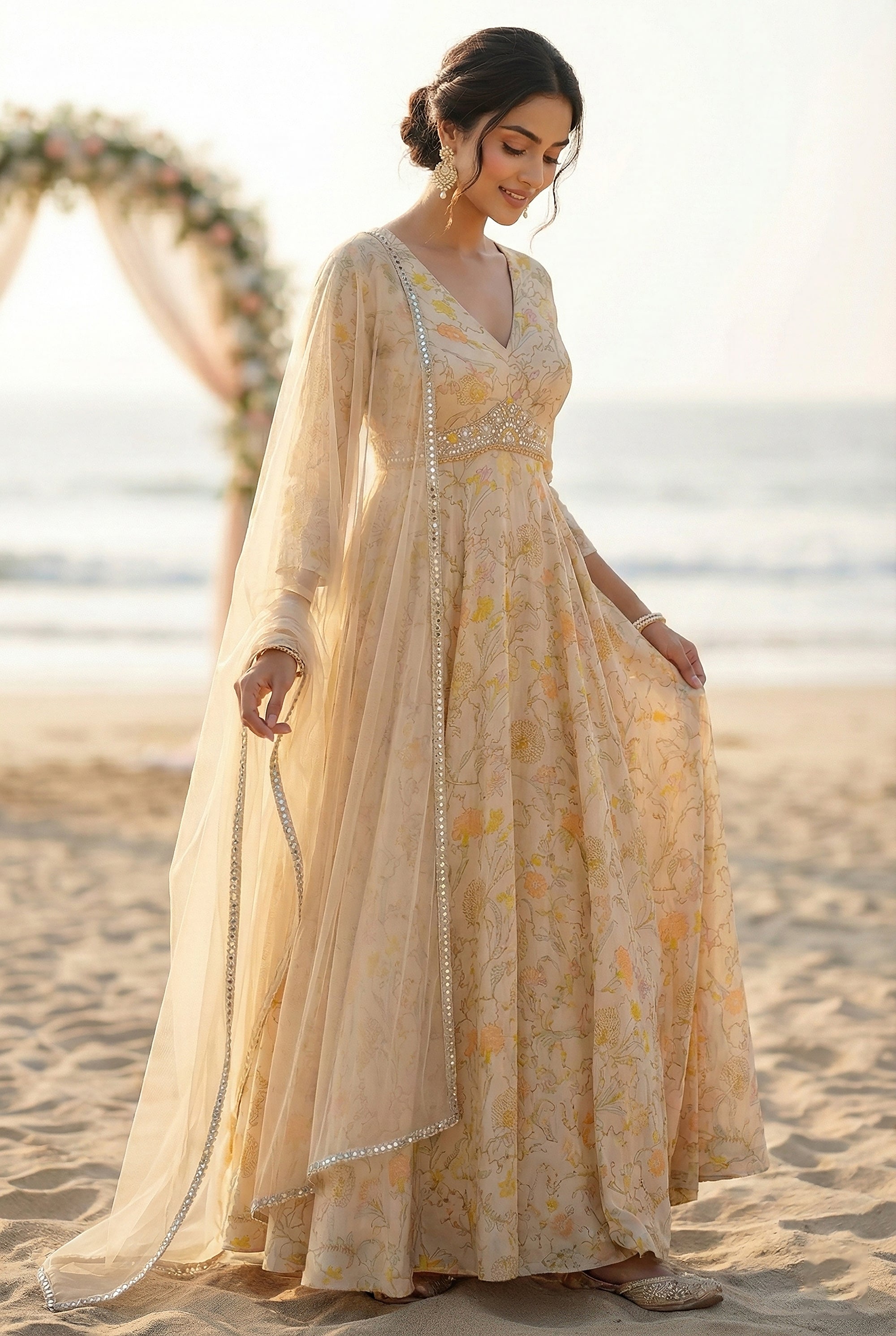 Champagne Anarkali Gown with Floral & Handwork Detailing – Palkhi Fashion Houston