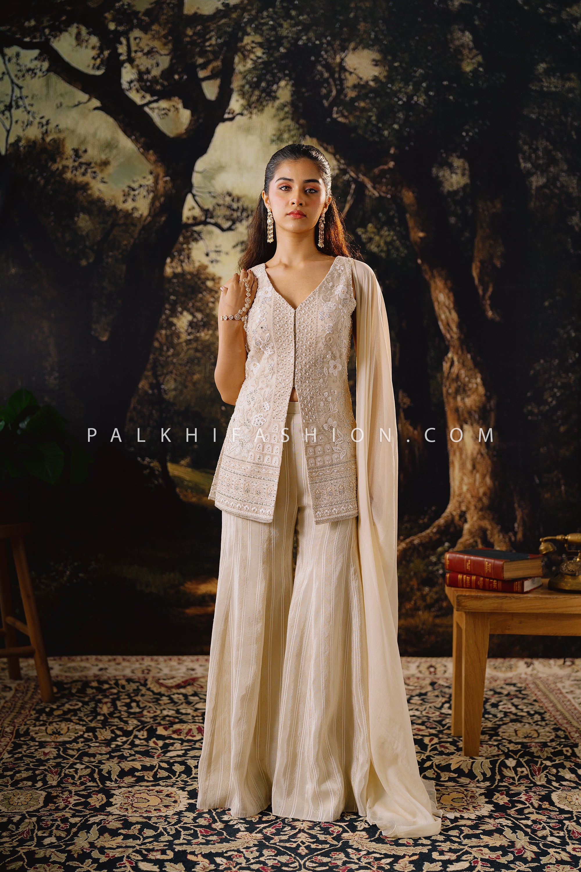 Champagne Glow: Elegant Embroidery & Beadwork Palazzo Set ā Palkhi Fashion
