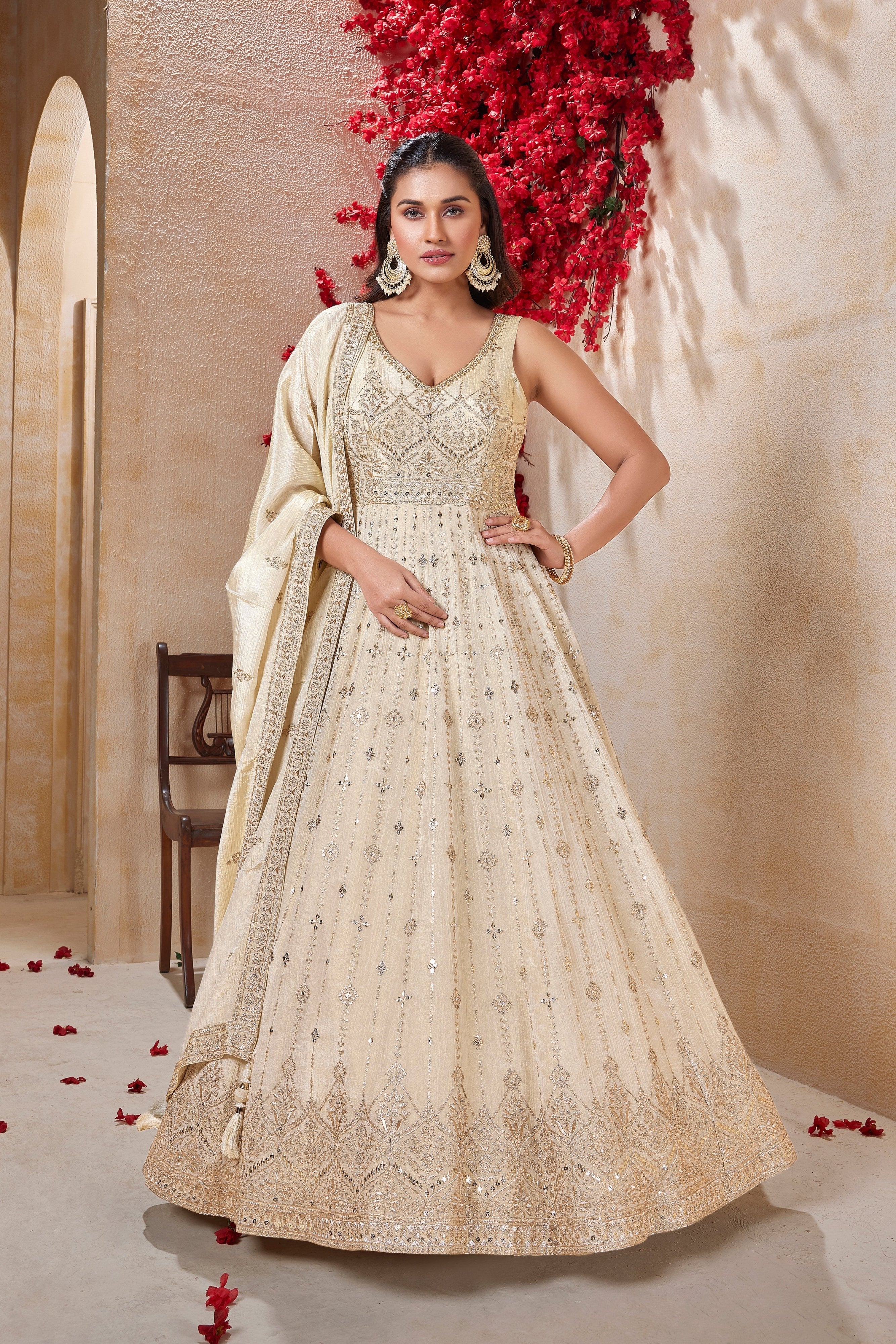 Champagne Indian Outfit with Elegant Embroidery – Palkhi Fashion