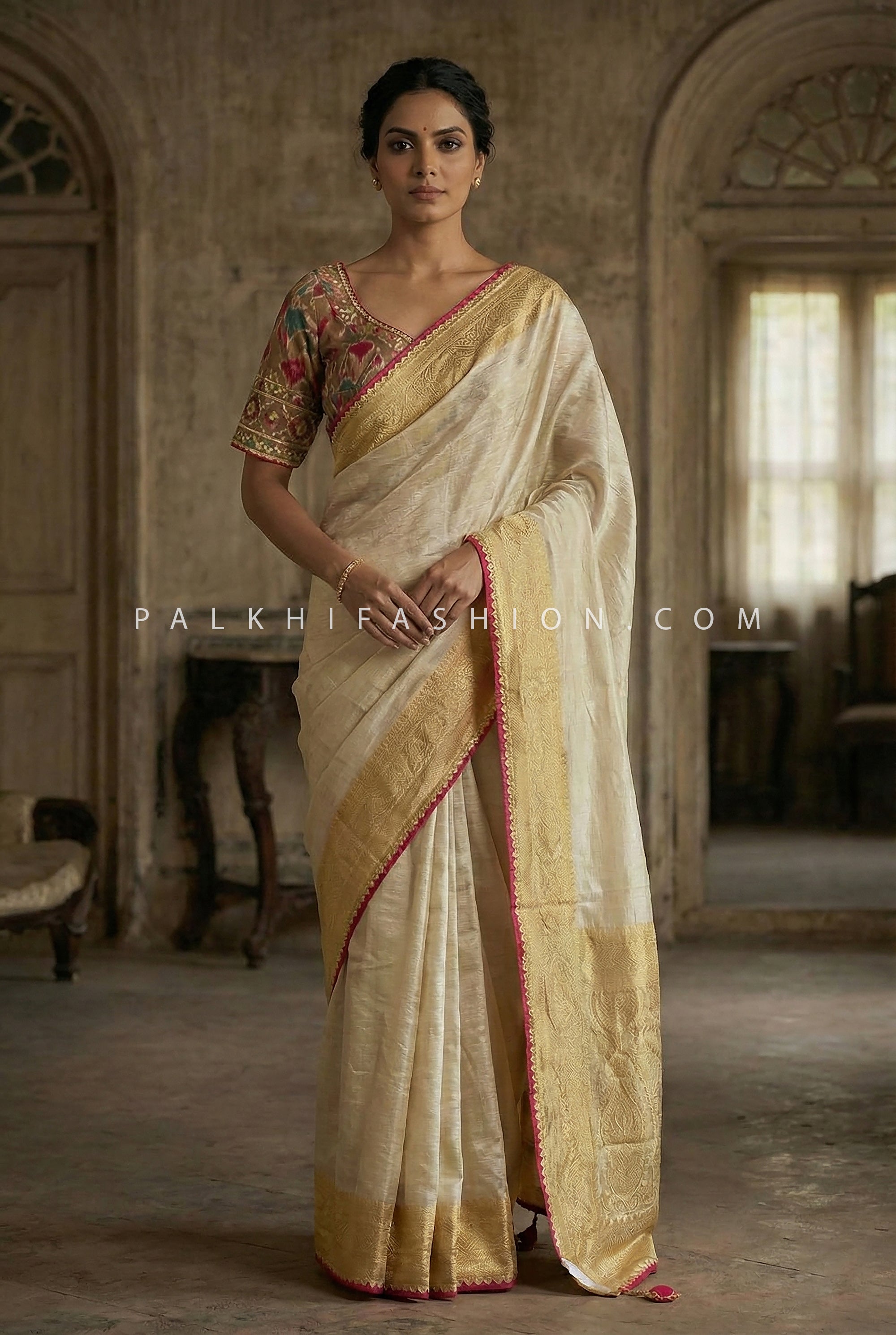 Classic Champagne Aura – Soft Silk Saree with Multicolor Banarasi Blouse & Cutdana Handwork – Palkhi Fashion USA