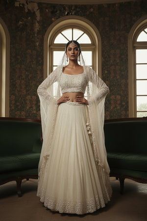 👑 Cloud of Pearls: Cream Designer Lehenga Choli with Beads & Cutdana – Palkhi Fashion
