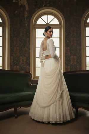 👑 Cloud of Pearls: Cream Designer Lehenga Choli with Beads & Cutdana – Palkhi Fashion