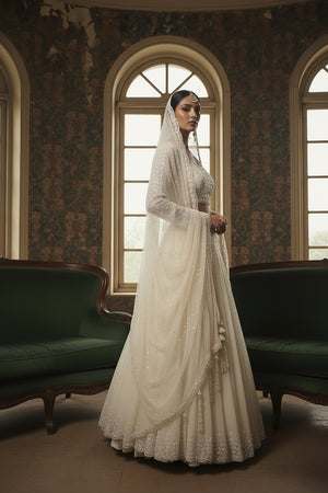 👑 Cloud of Pearls: Cream Designer Lehenga Choli with Beads & Cutdana – Palkhi Fashion