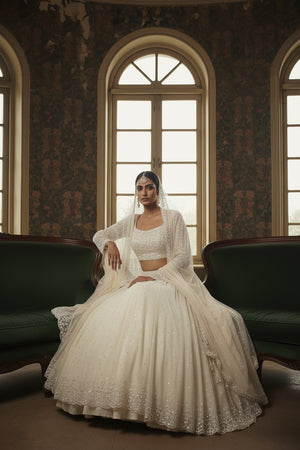👑 Cloud of Pearls: Cream Designer Lehenga Choli with Beads & Cutdana – Palkhi Fashion