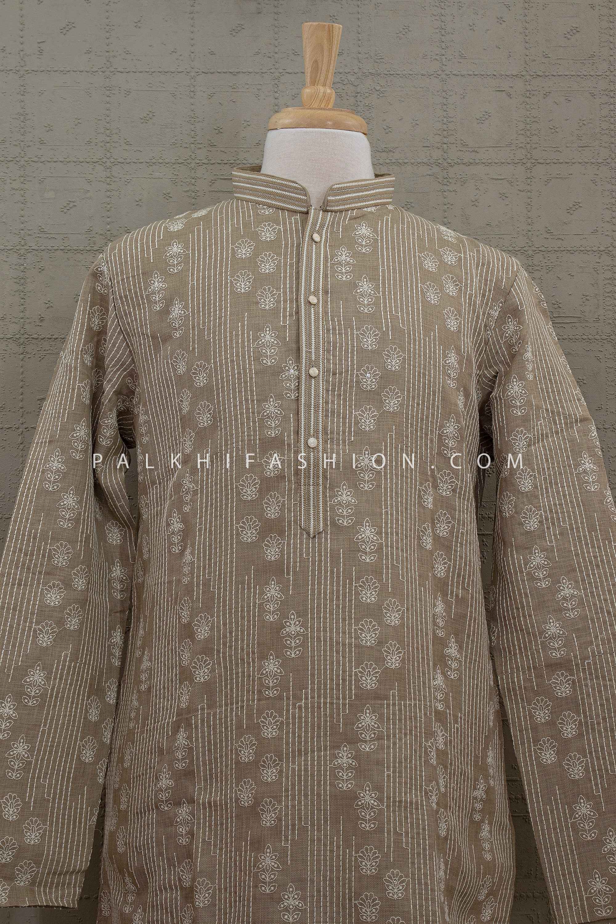 Coastal Heritage Edit – Beige Linen Embroidered Kurta Set – Palkhi Fashion