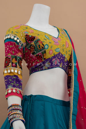 🪔 Color Rush: Multicolor Mirror - Work Chaniya Choli with Teal Lehenga – Palkhi Fashion