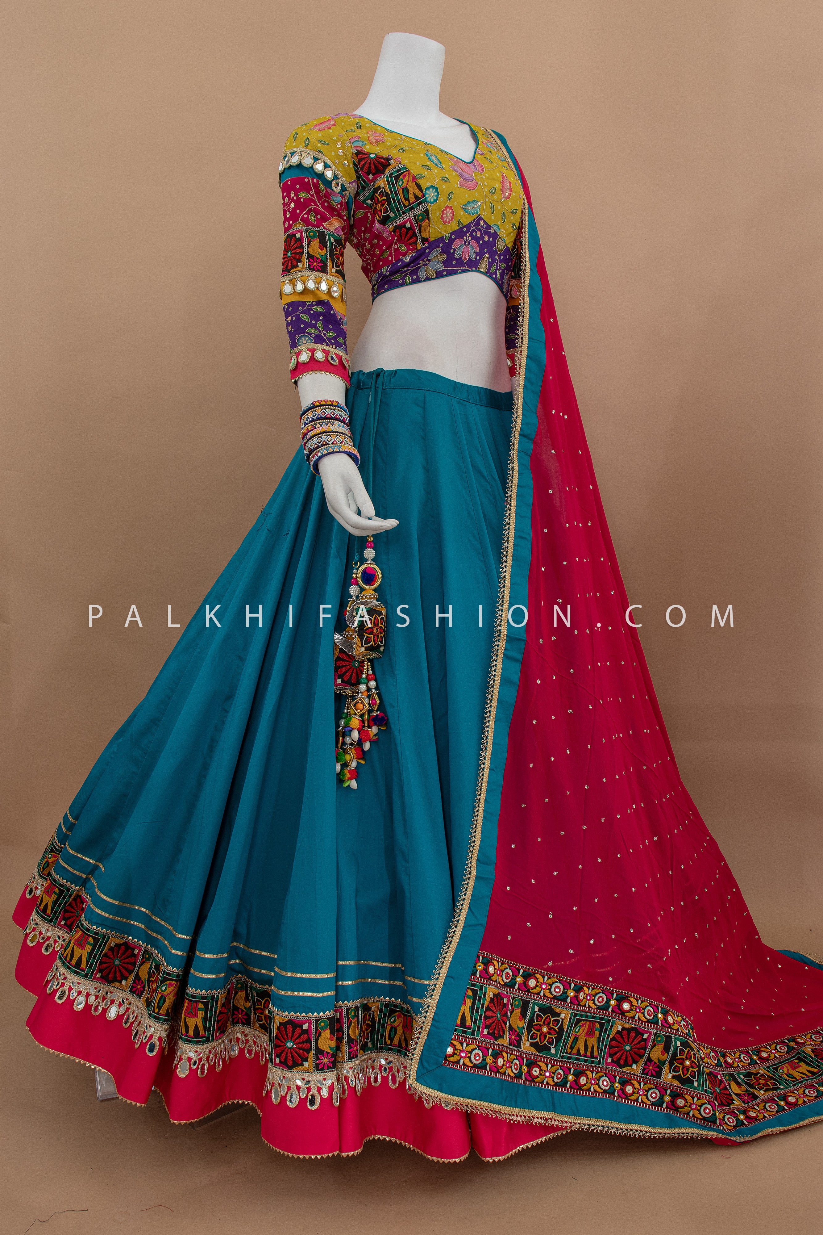 🪔 Color Rush: Multicolor Mirror - Work Chaniya Choli with Teal Lehenga – Palkhi Fashion