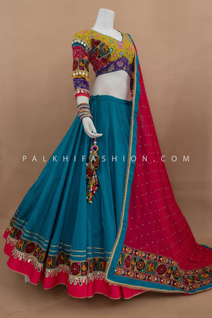 🪔 Color Rush: Multicolor Mirror - Work Chaniya Choli with Teal Lehenga – Palkhi Fashion