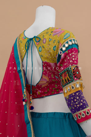 🪔 Color Rush: Multicolor Mirror - Work Chaniya Choli with Teal Lehenga – Palkhi Fashion