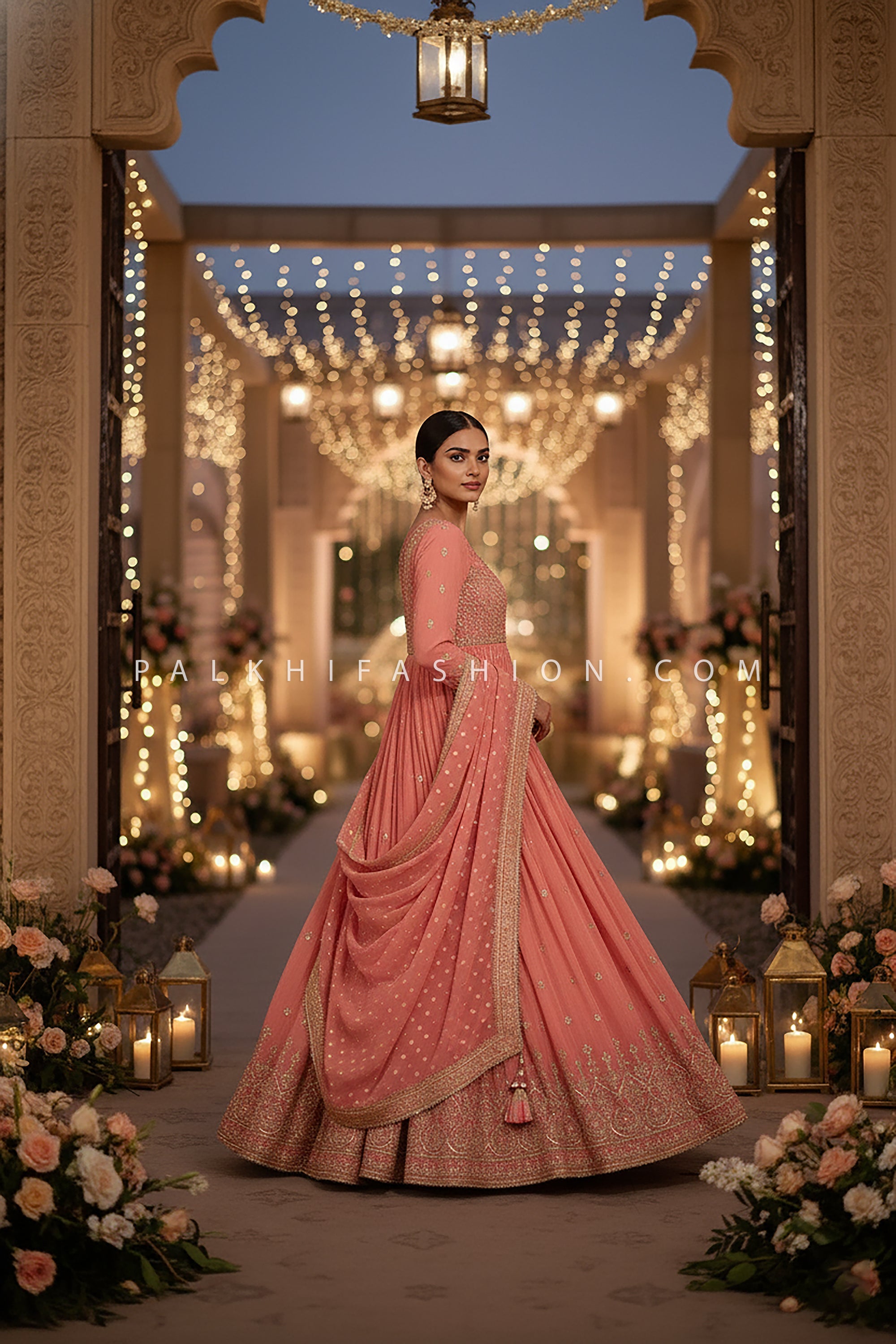 Coral Royale: Designer Soft Silk Anarkali Suit with Pure Silk Dupatta – Palkhi Fashion