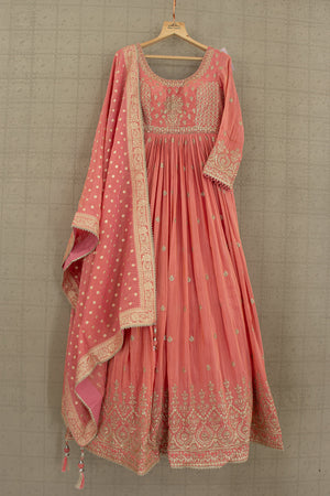 Coral Royale: Designer Soft Silk Anarkali Suit with Pure Silk Dupatta – Palkhi Fashion