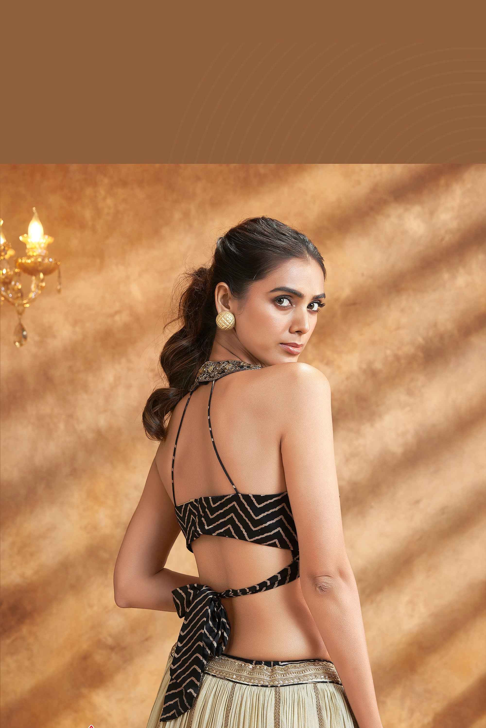 Couture Glow — Champagne/ Black Soft Silk Lehenga Choli Ensemble | Palkhi Fashion Houston