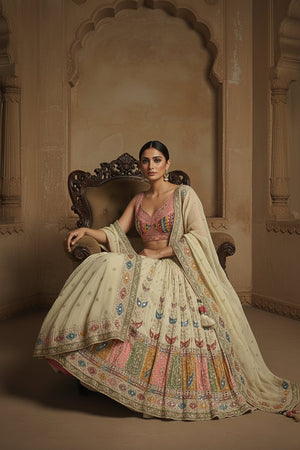 Couture Pastels: Champagne/Peach Lehenga Choli with Mirror - Work Blouse – Palkhi Fashion