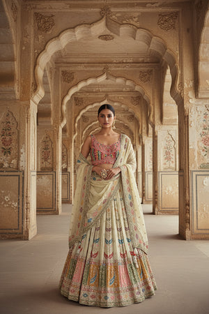 Couture Pastels: Champagne/Peach Lehenga Choli with Mirror - Work Blouse – Palkhi Fashion