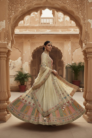 Couture Pastels: Champagne/Peach Lehenga Choli with Mirror - Work Blouse – Palkhi Fashion