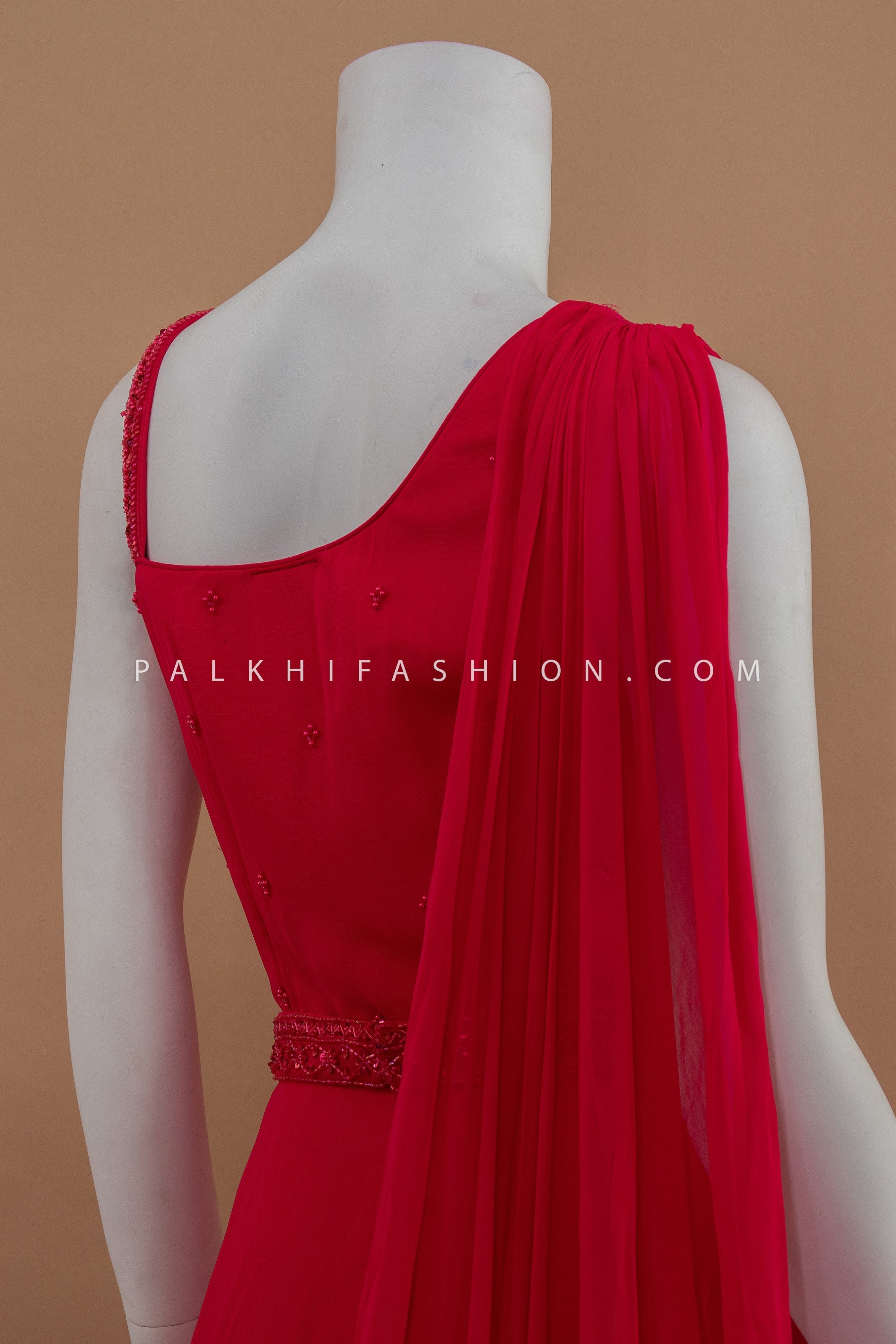 Crimson Pure Georgette Indo - Western Indian Outfit with Belt – Palkhi Fashion