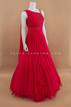 Crimson Pure Georgette Indo - Western Indian Outfit with Belt – Palkhi Fashion