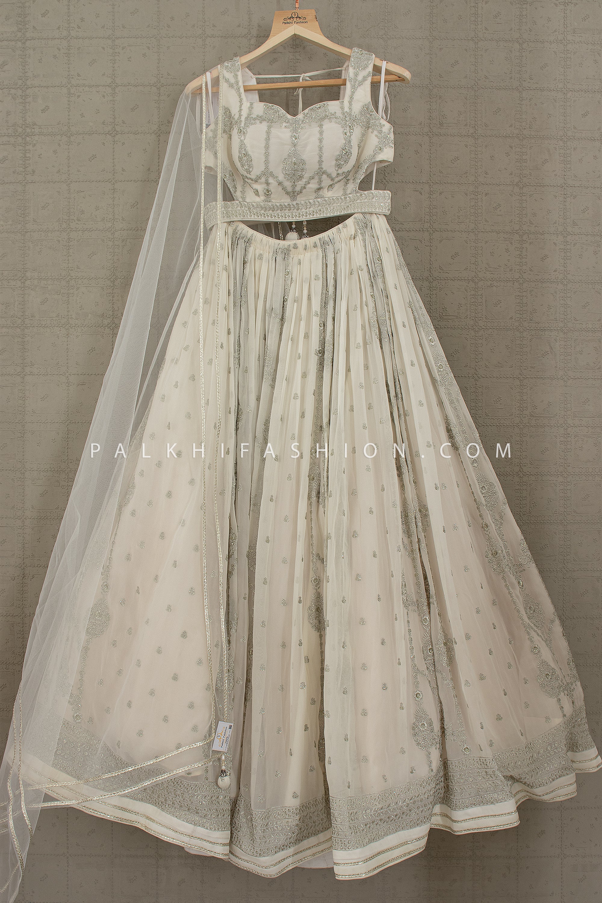 Crystal Bloom: Designer Ivory Lehenga Choli With Appealing Embroidery – Palkhi Fashion