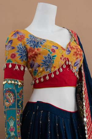 Designer Blue Soft Silk Chaniya Choli with Peacock Motifs & Embroidery – Palkhi Fashion