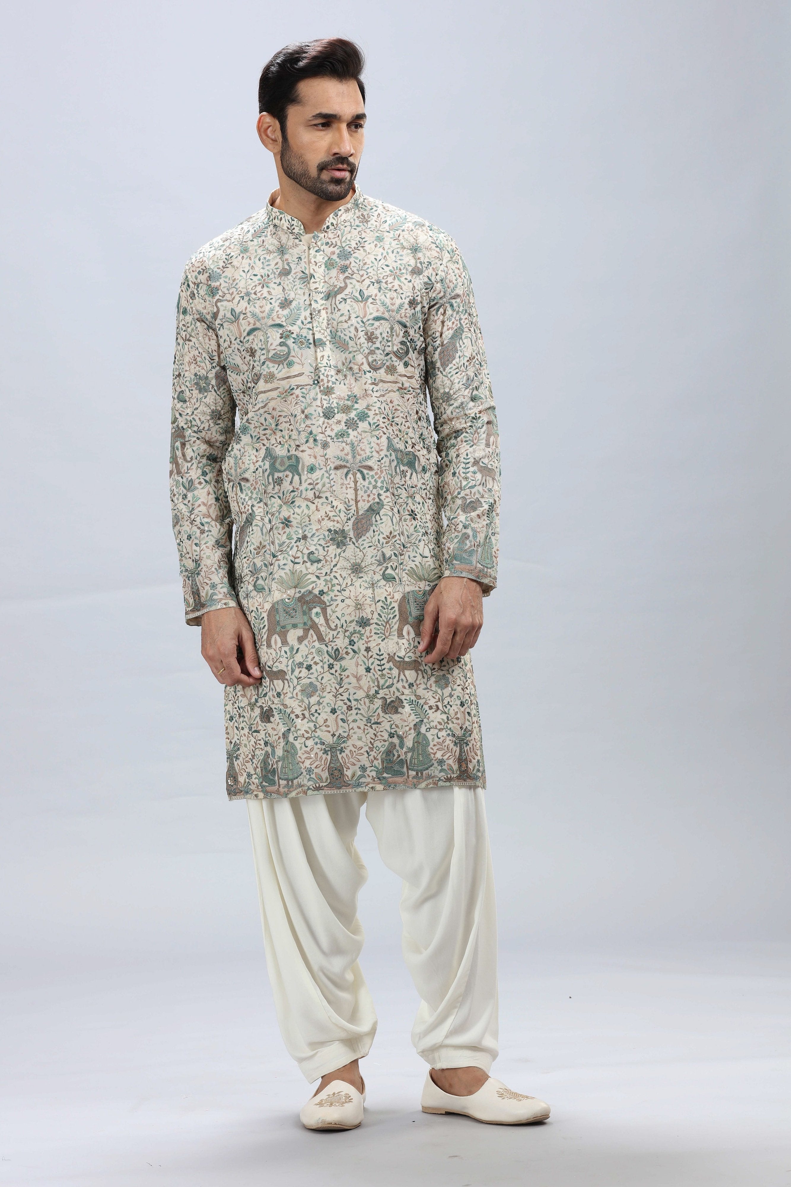 Designer Cream Heritage Embroidered Georgette Kurta Pajama Set – Palkhi Fashion