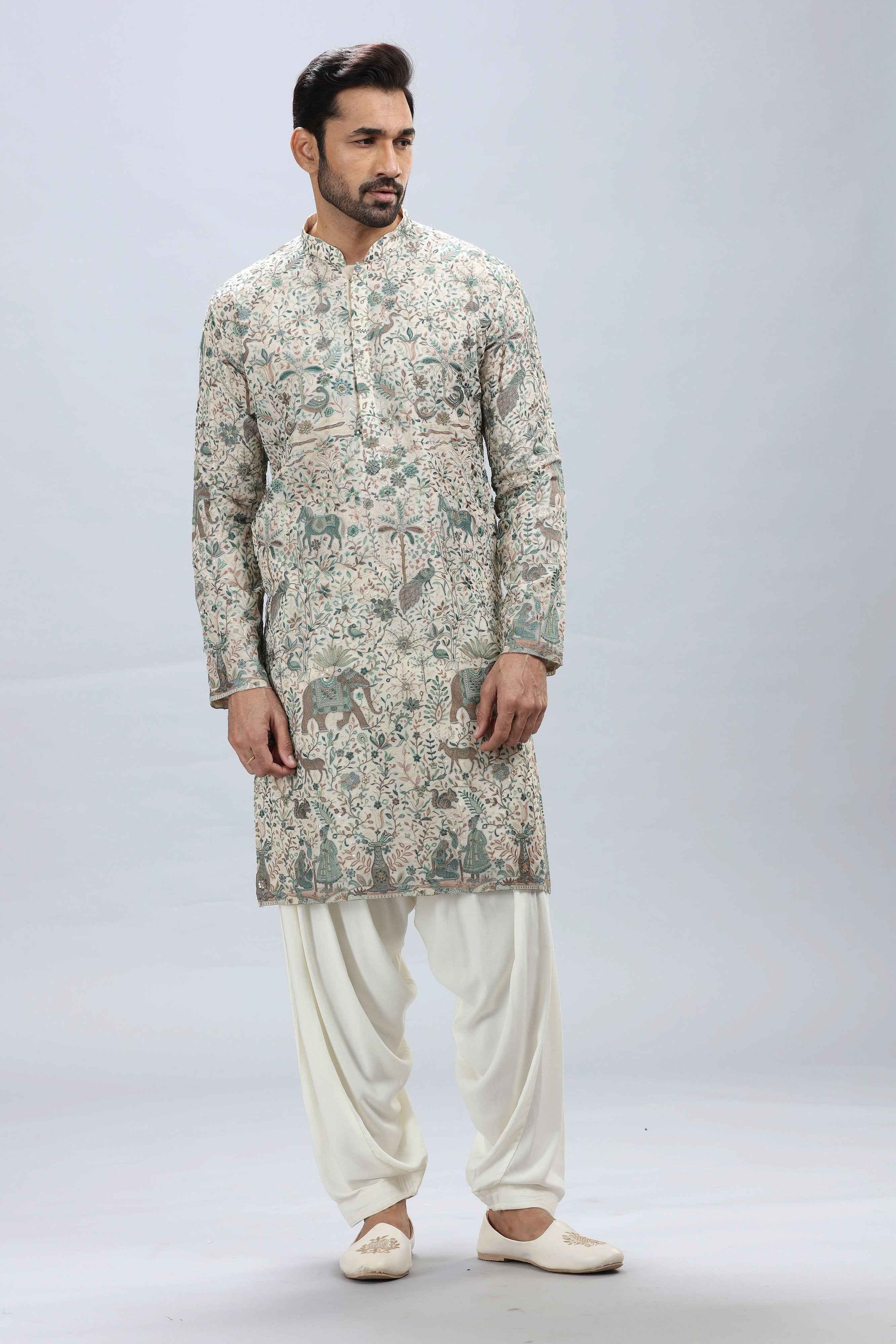 Designer Cream Heritage Embroidered Georgette Kurta Pajama Set – Palkhi Fashion