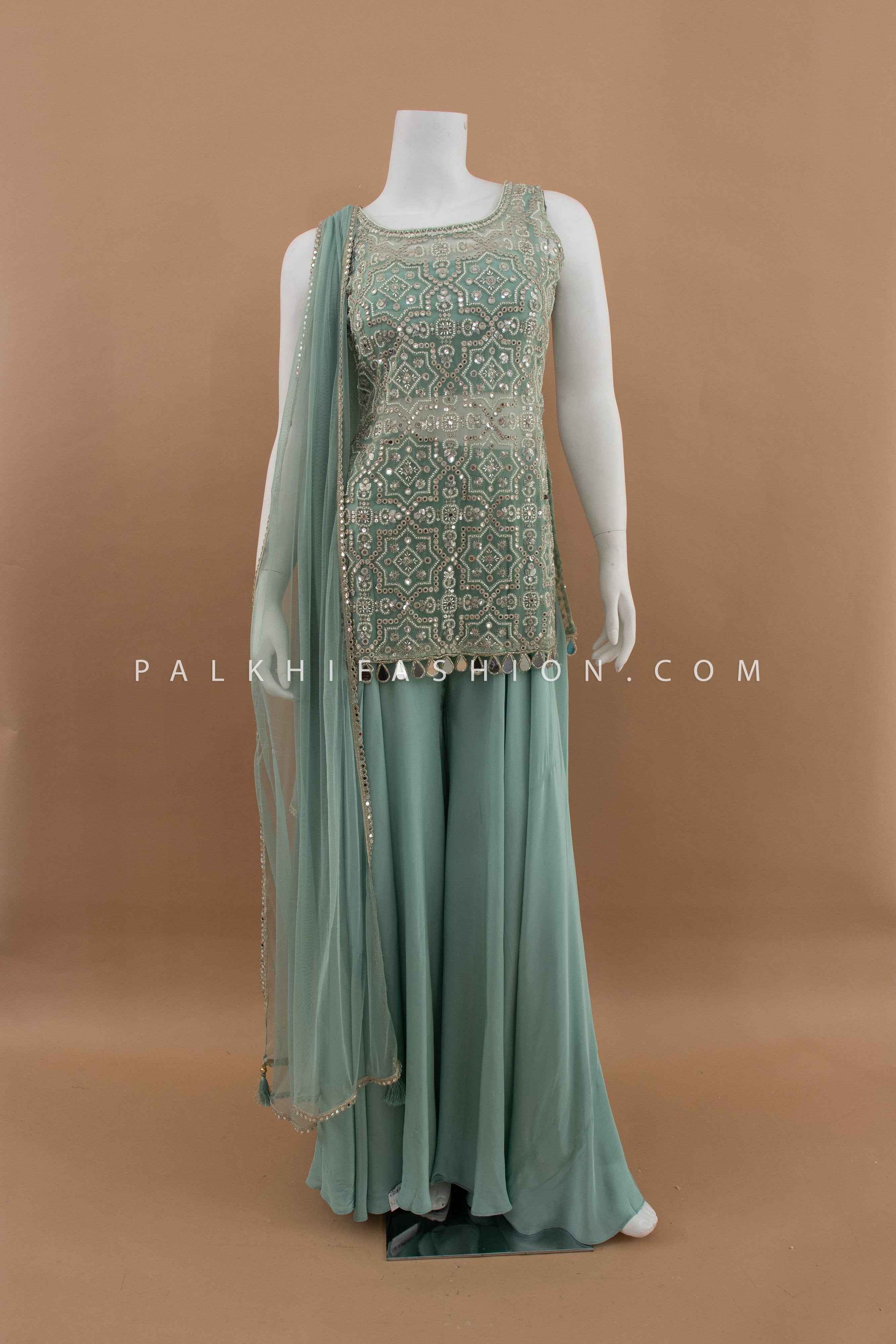 Designer Indo-Western Teal Palazzo Suit with Crop top – Palkhi Fashion