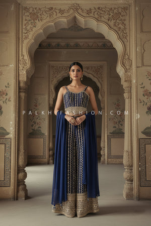 Designer Navy Blue Palazzo Set with Beaded Corset Top – Shop Palkhi Fashion