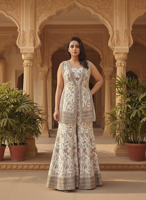 Designer White Indo - Western fusion Crop - Top Jacket Set With Embroidery Work