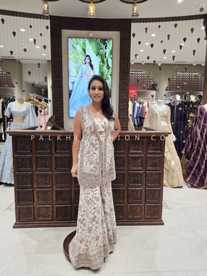 Designer White Indo - Western fusion Crop - Top Jacket Set With Embroidery Work