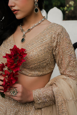 Divine Flair: Gold Tulle Celebrity Inspired Designer Lehenga Choli