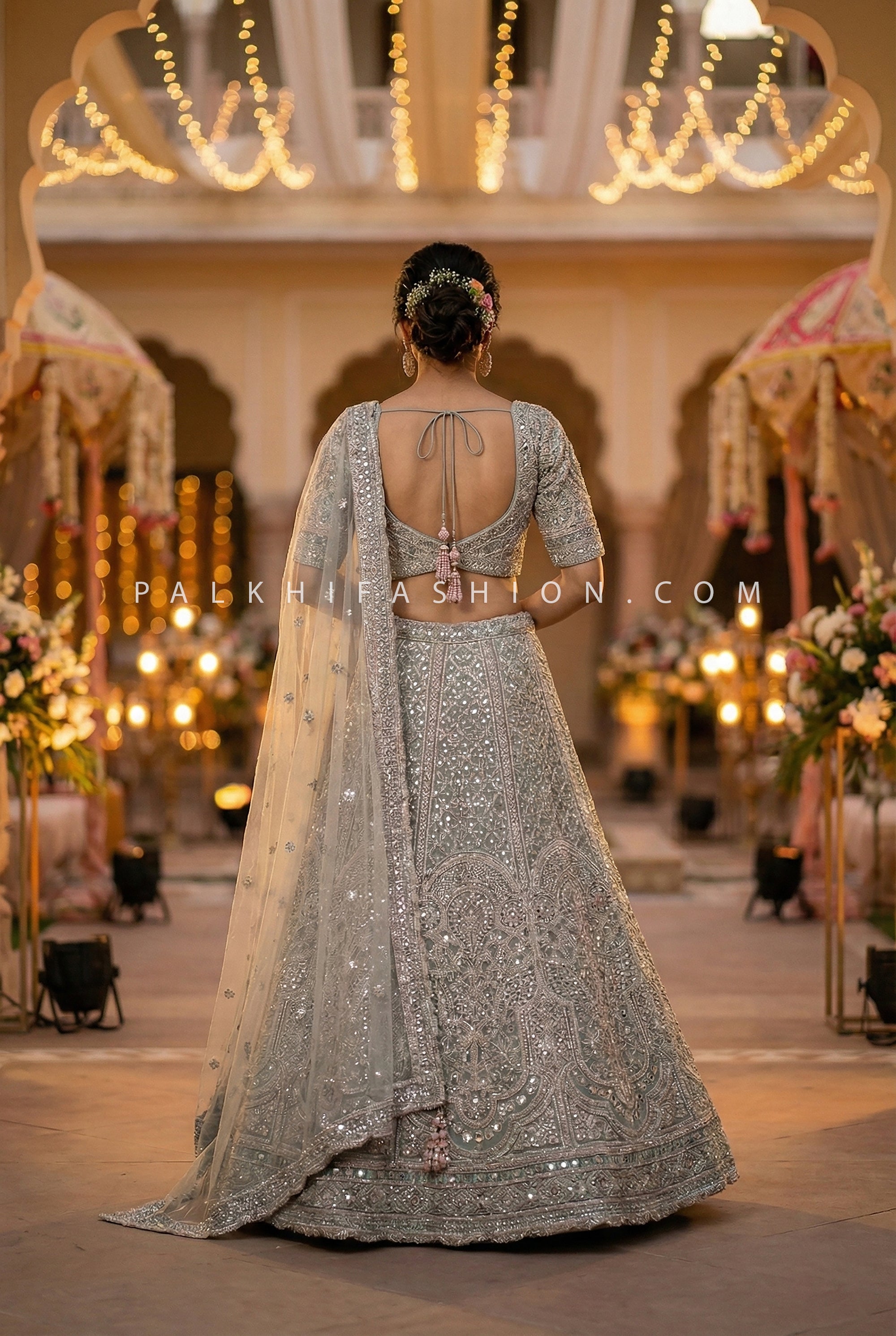 Dusty Seafoam Green Lehenga Choli With Jaal Work | Palkhi Fashion Houston