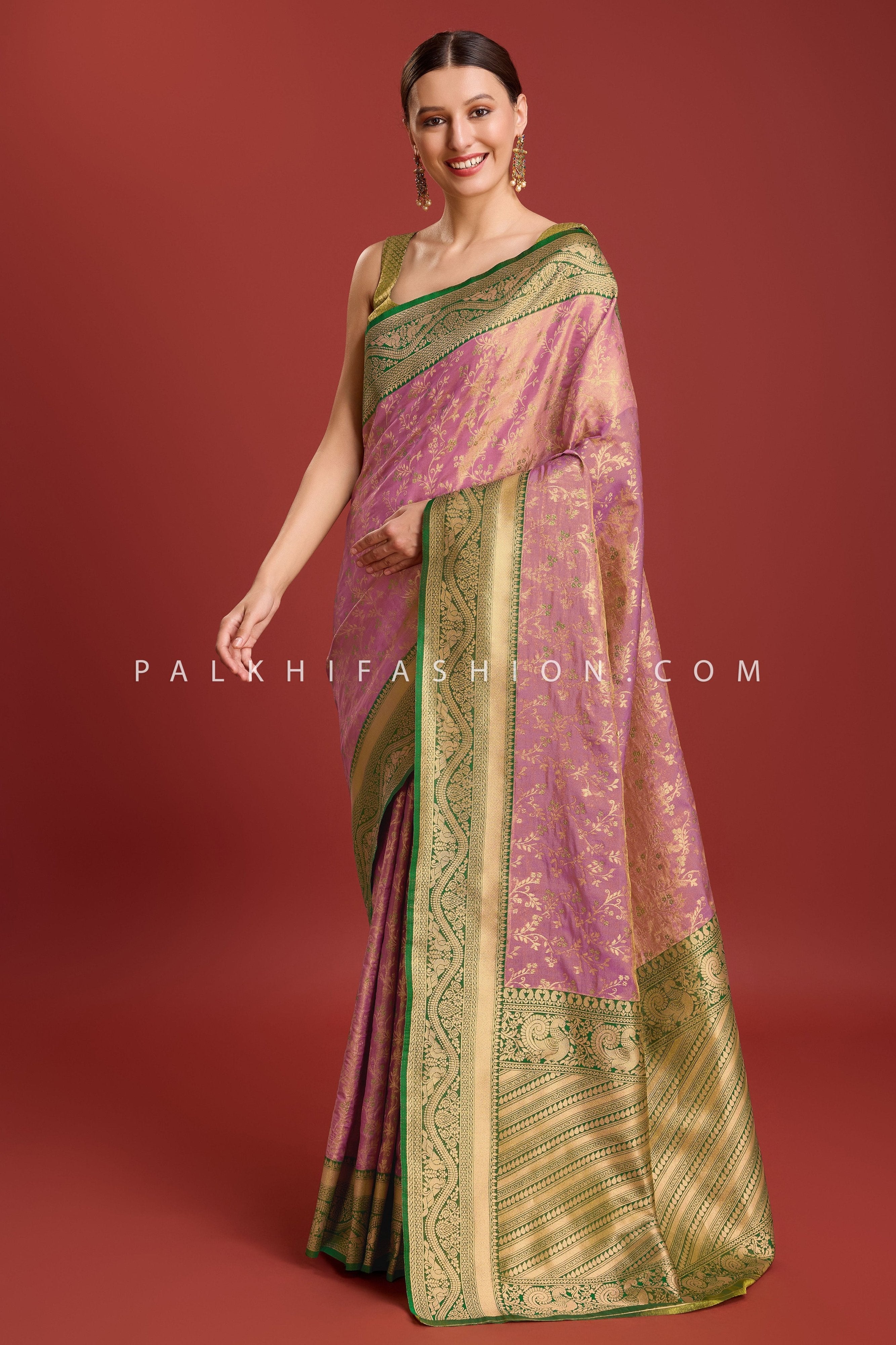 Elegant Lilac/Green Kanjivaram Woven Silk Saree – Palkhi Fashion