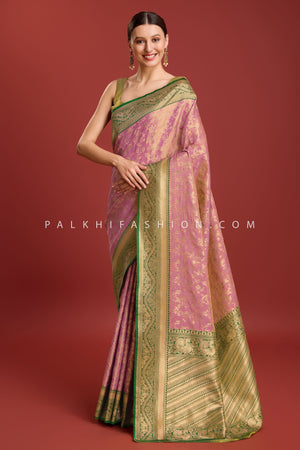 Elegant Lilac/Green Kanjivaram Woven Silk Saree – Palkhi Fashion